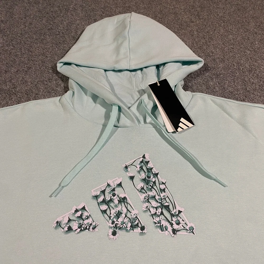 Adidas Trefoil Floral Logo Hoodie Womens XXL Halo Mint Blue Flowers Pullover